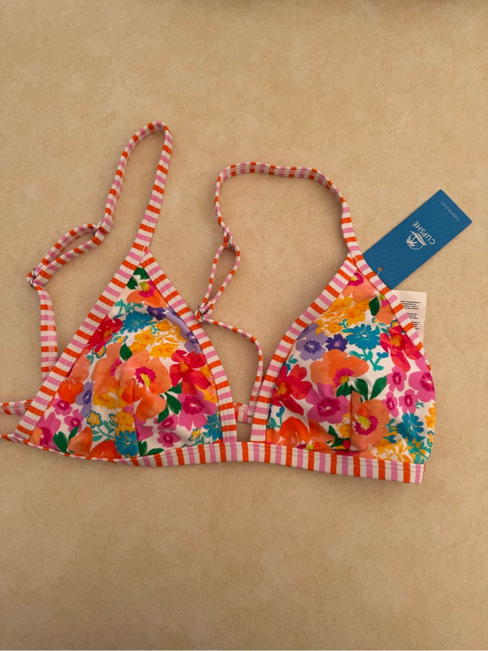 Cupshe Floral Stripe Triangle Bikini  in Pink, Orange, Yellow, Green, Blue